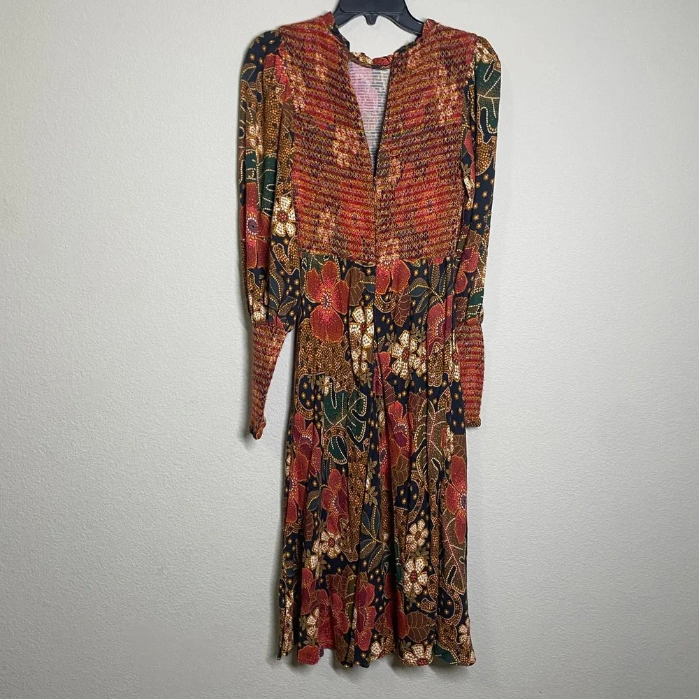 Farm Rio Medium Flowered Leopards Midi Dress Multicolored Mock Neck Long Sleeves - Picture 8 of 11